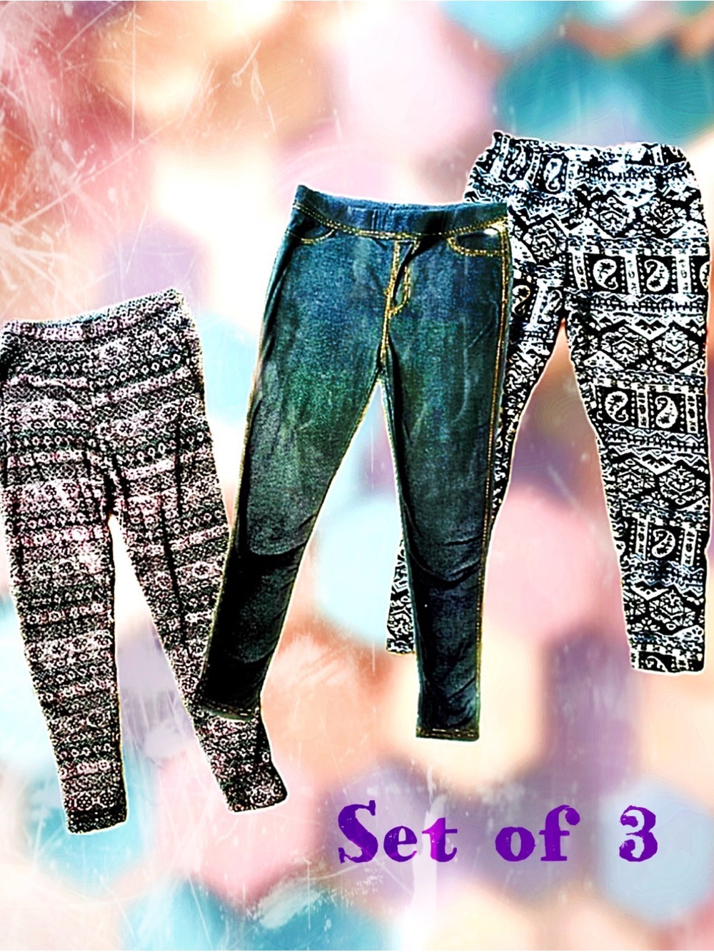 Set of 3 Cozy Leggings - Black + Patterned Prints